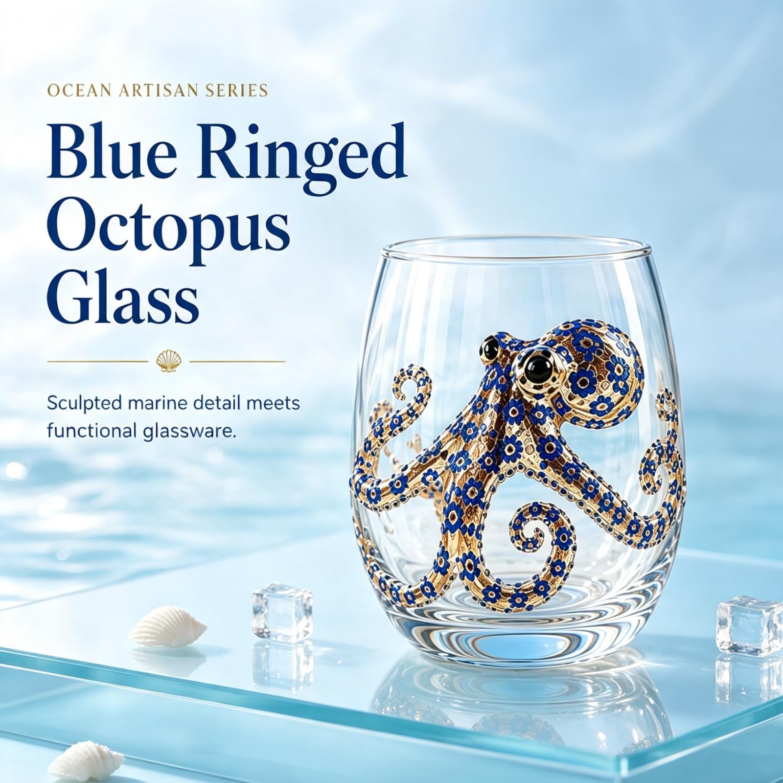 Blaugeringelter Oktopus Glas Set, 3D Ozean Kunst Trinkgläser 8 Stück | Handgefertigte Oktopus Trinkgläser. 3D Ozean Design. Set mit 8 einzigartigen Stücken. Ideal für Ozeanliebhaber als Geschenk.