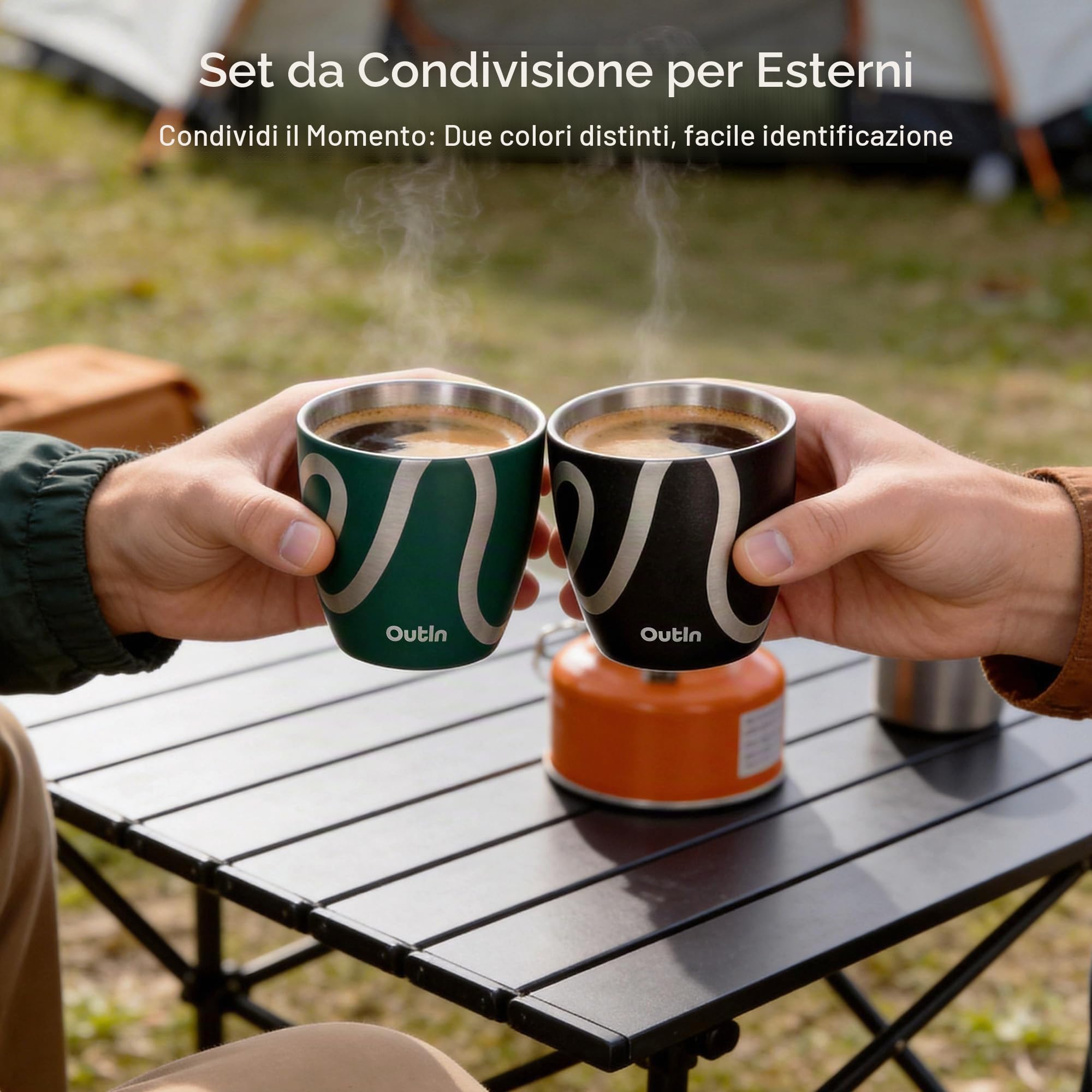 OutIn Set di 2 Tazze da Espresso, Doppia Parete Isolante 75ml in Acciaio Inossidabile, Bicchierini da Shot Portatili per Campeggio, Compatibili con le Macchine da Caffè OutIn
