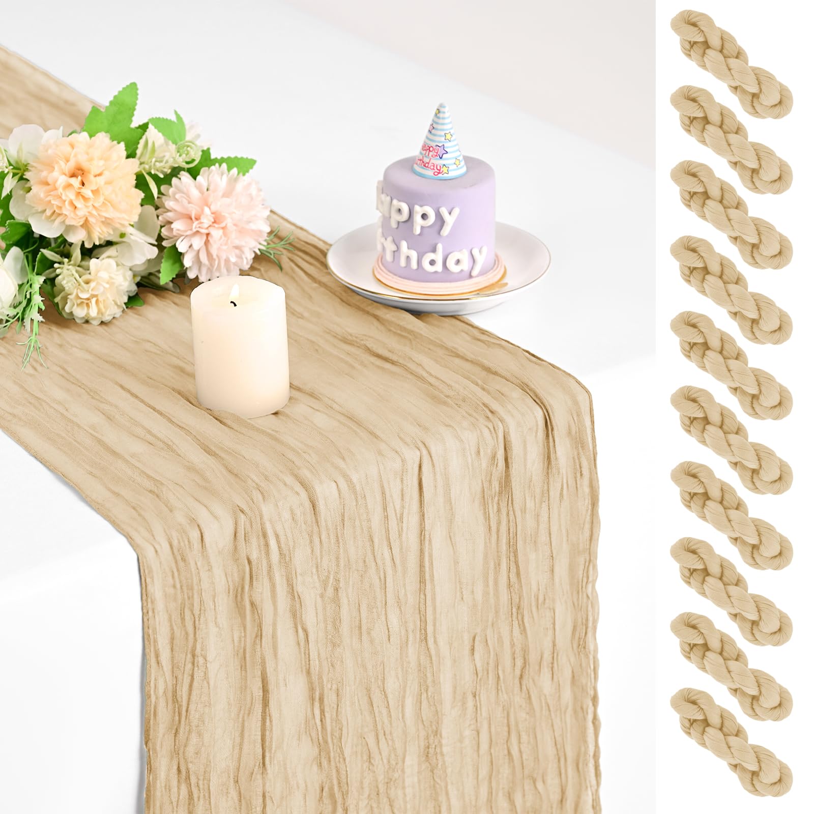 Teruntrue 10 Pack Beige Cheesecloth Table Runner 17x108 Inch, Boho Gauze Sheer Fabric Cheese Cloth Table Runners for Wedding Party Bridal Shower Birthday Home Decor Garden Farmhouse