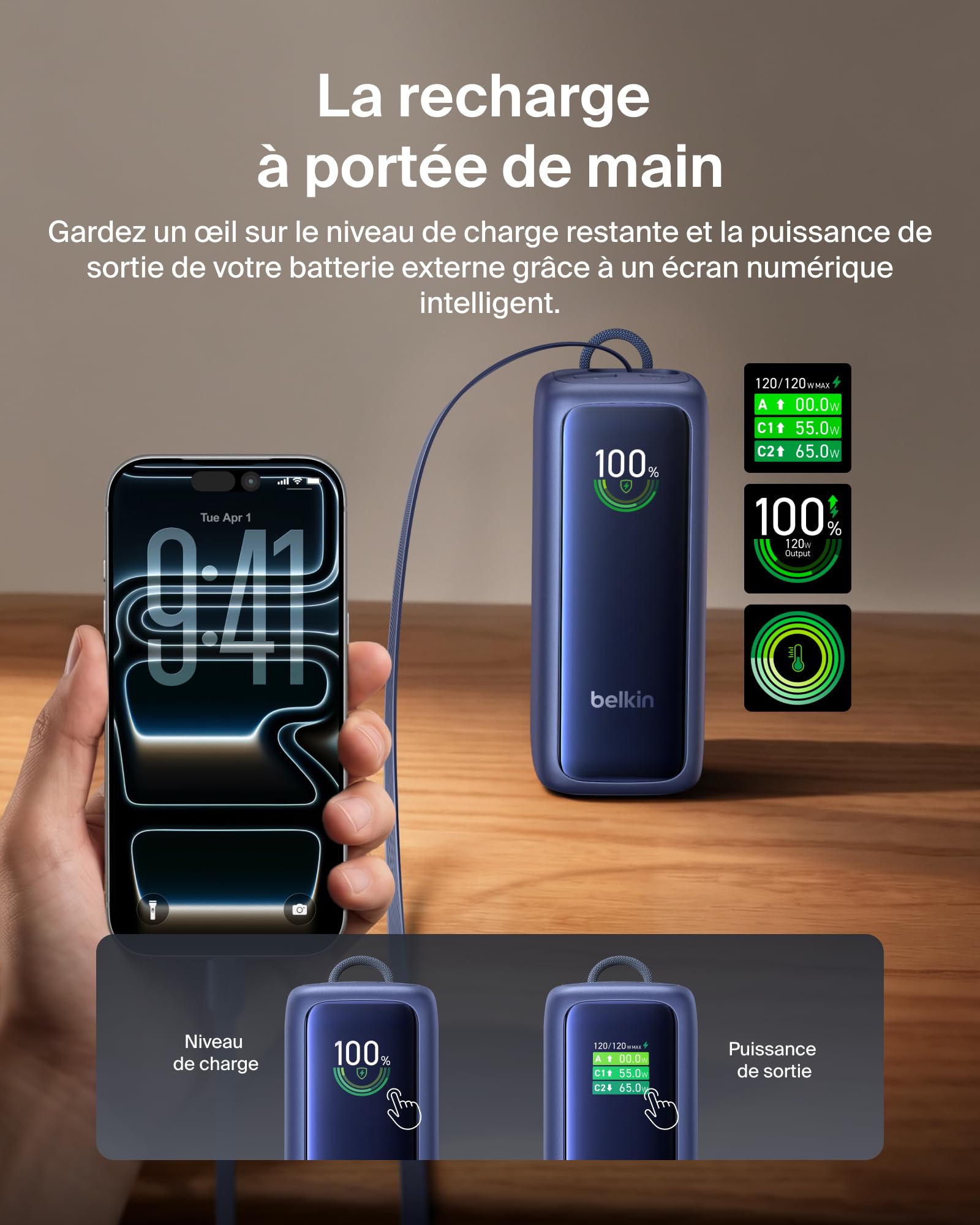 Belkin UltraCharge Batterie Externe 22000mAh, 120W, câble USB-C rétractable