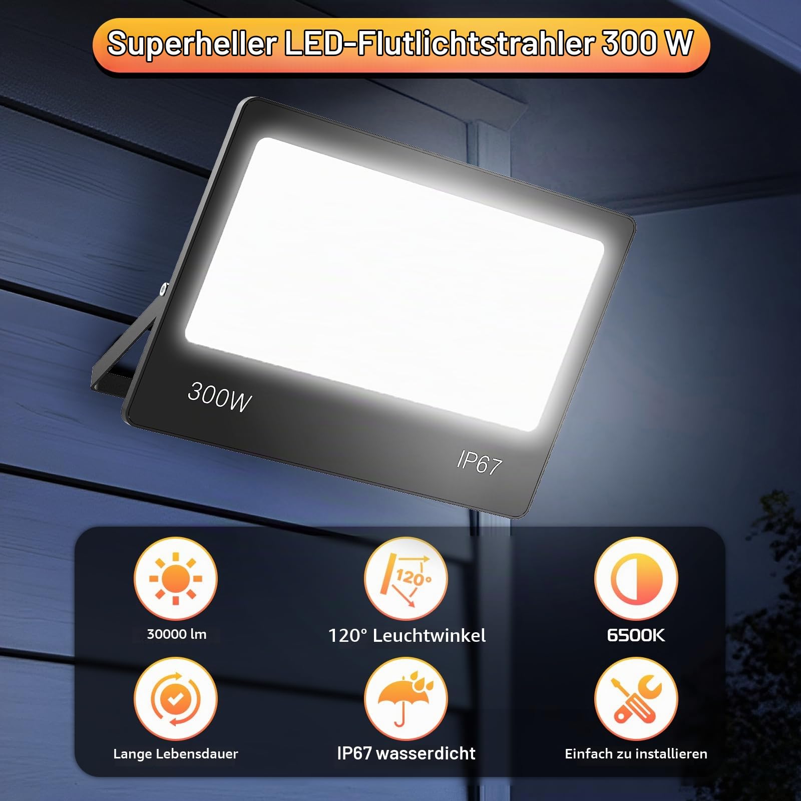 LED Strahler Außen 300W 30000LM, 2 Stücke Superhell LED Scheinwerfer Kaltweiß 6500K AC 85-265V, IP67 Wasserfest Fluter Aussenstrahler für Garten Hinterhof Garage