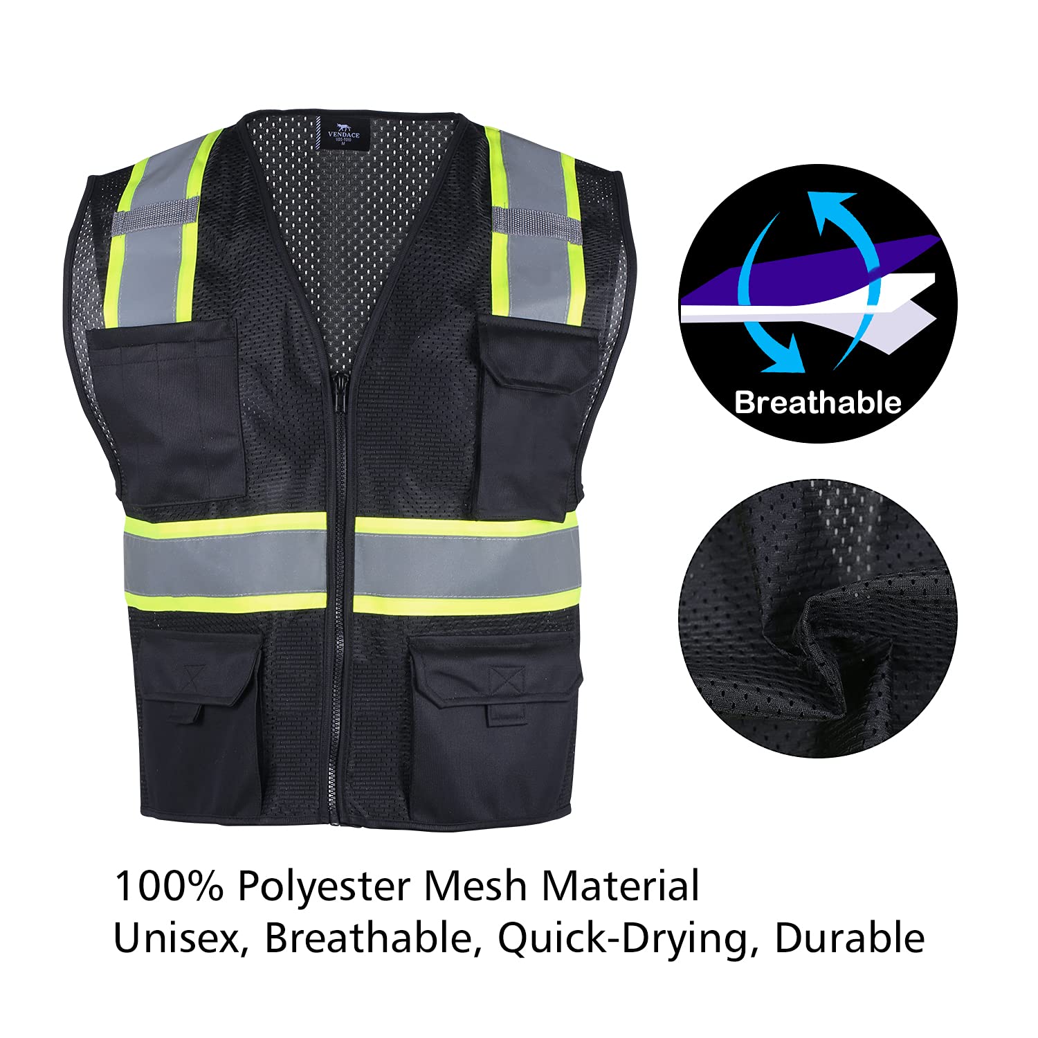 VENDACE Chaleco de malla reflectante de seguridad Hi Vis para hombre, chaleco de alta visibilidad ANSI clase 2, con 8 bolsillos y cierre