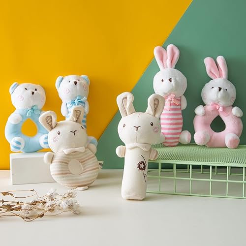 Miniatura 5 de Sonajero suave de peluche para bebé, sonajero de oso azul para bebés, primer juego de sonajero de peluche para recién nacidos, juguetes sensoriales