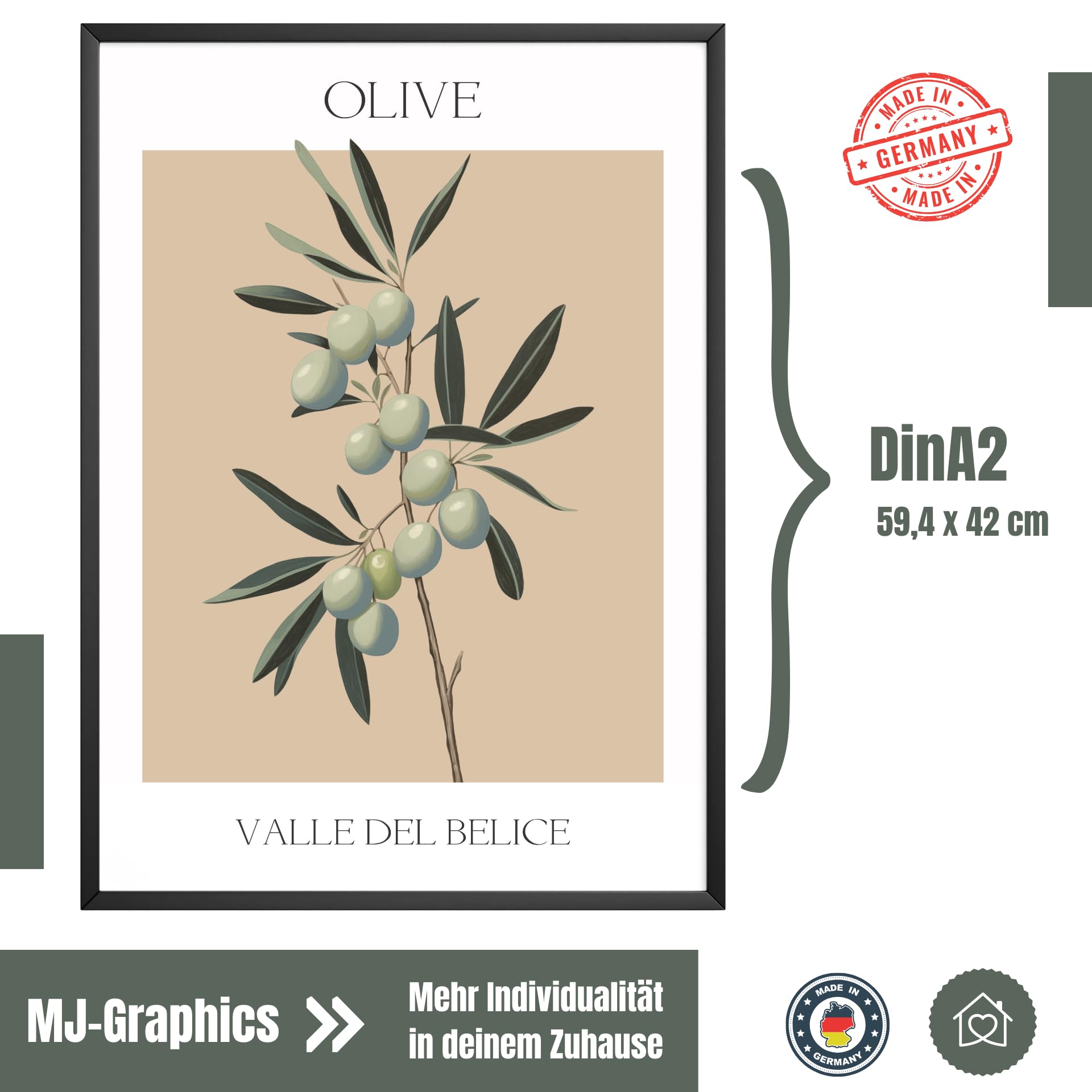 MJ-GRAPHICS® Olivenzweig Poster Natur Wandbild Deko A2 mit braunem Rahmen