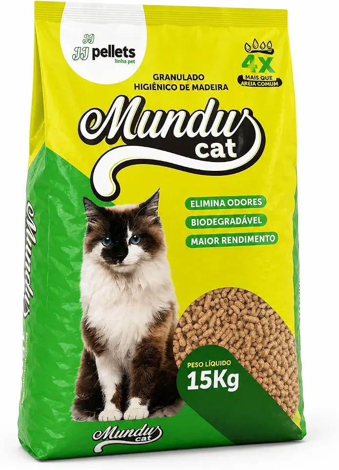 Granulado Higiênico de Madeira para Gatos 15 kg Mundu Cat Antiodor Alta Absorção Biodegradável