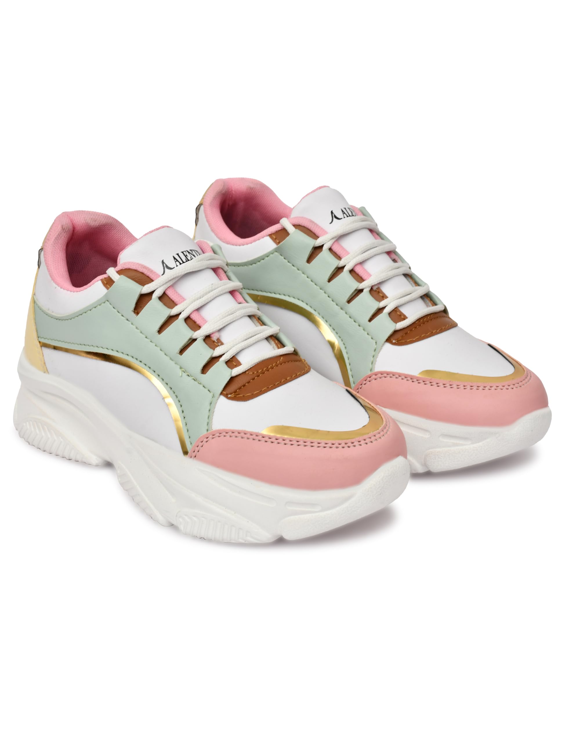 Women's Chunky Platform Sneakers, Pastel Pink and Mint, Gold Accent, White Sole-image-41