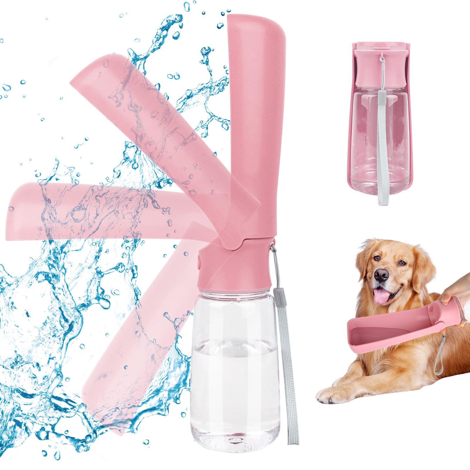 VFANDV Botella de Agua para Mascotas, 180° Plegable Botellas de Agua para Perro Gato, Bebedero Perro Portatil, Botella Agua a Prueba de Fugas, Libre de BPA para Acampar, Senderismo (Rosa, 550ML)