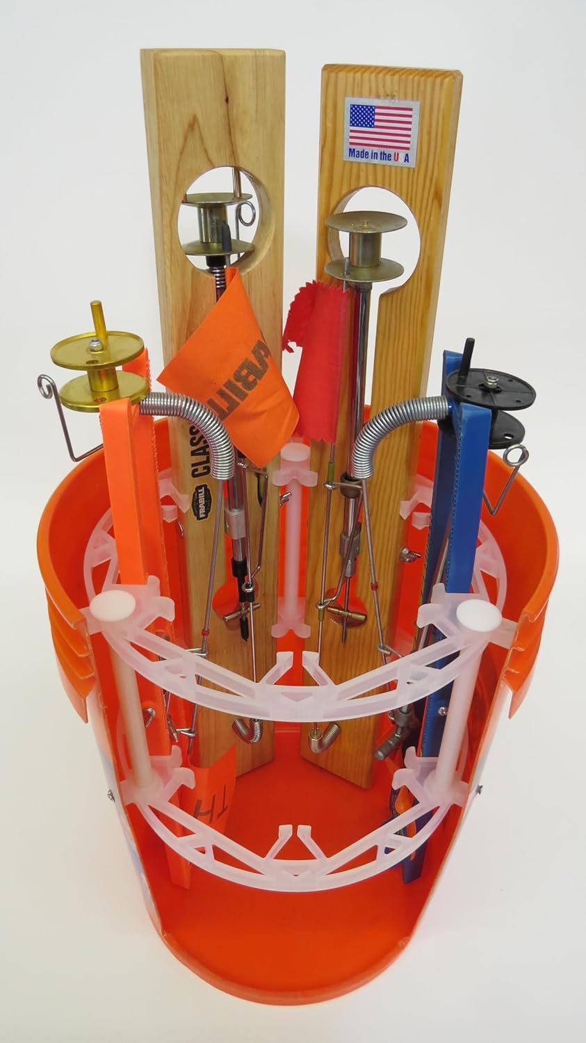 TIP-UP Tower | Securely Holds Six 3" Wide Tip-Ups for Transport and Storage | Center of Bucket Remains Open | Handle Remains Funtional
