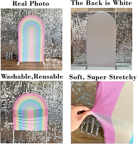 Miniatura 3 de KONPON Fundas de telón de fondo de tela con arco iris para fiestas Groovy Party Boho Pastel Rainbows, fundas elásticas para soporte de arco de