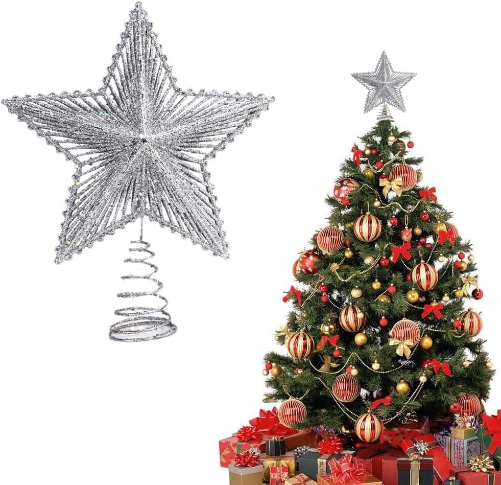 Aowin Christmas Star Tree Topper,Xmas Tree Glittered Tree-Top Decoration,Christmas Tree Toppers Hollow Star Ornament,Hollowed Pentagram Treetop Decor for Xmas New Year Holiday Party Tree Decor(Silver)
