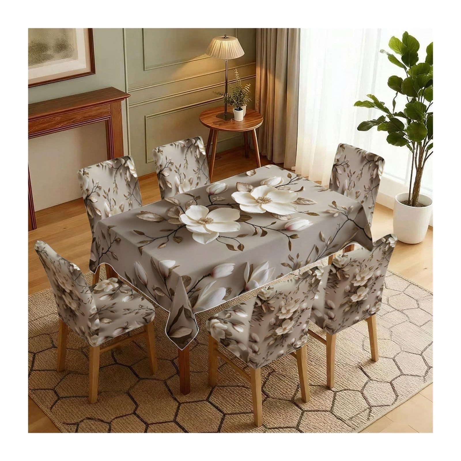 BOSUYBN Beige Base White Magnolia Floral Print Dining Tablecloth & Chair Covers Set, 5/7 Piece Neutral Elegant Vintage Dining Decor Table Setting(7pcs Set: Tablecloth+Chair Covers)