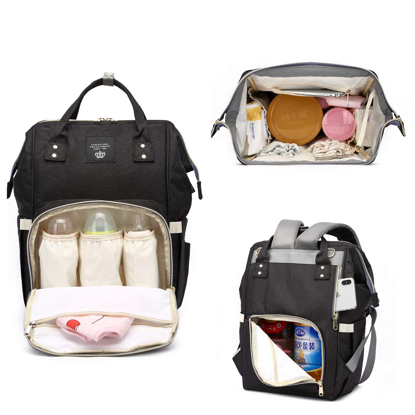 Diaper Bag Set, Backpack + Lunch Bag + Changing Pad + Insulated Pockets + 2 Pacifier Clips + 2 Pacifier Case + 2 Stroller Straps, Multi-Function Waterproof Maternity Nappy Bags (Black Set)