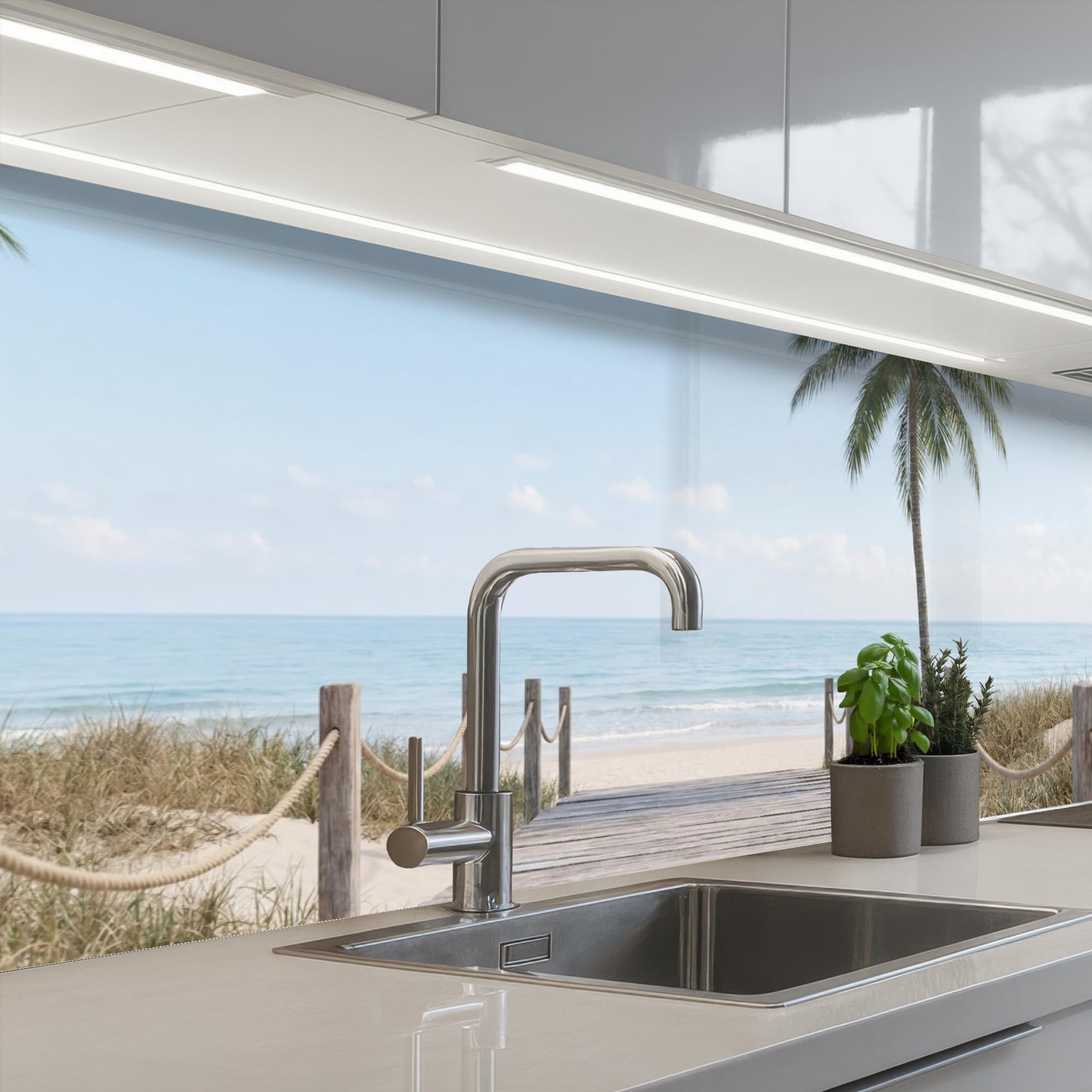 KitchenYeah© Spritzschutz Küche 60x200 cm Küchen Rückwand Küchendeko Wand Wandschutz Selbstklebend Backsplash Kitchen Peel and Stick Palmen - Weg - Horizont