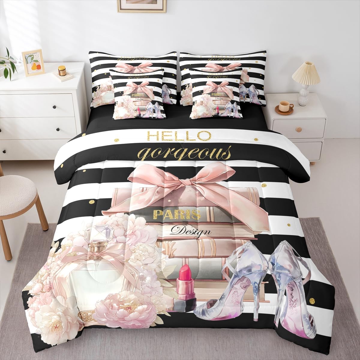 jejeloiu Pink Fashion Comforter Set with Sheets Full Size Kids Black White Striped 7 Pieces Bedding Set for Boys Girls Teens Floral Bed in a Bag Breathable Perfume High Heels Books Bedroom Decor