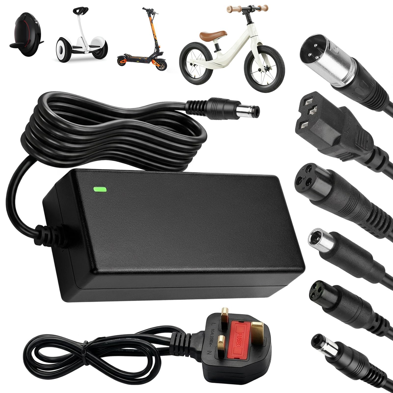 Electric Scooter Charger, 42V 2A Hoverboard Charger UK 3 Pin 36V Universal lithium Batterie Charger with 6 Connectors Electric Bike Chargers e Scooter Chargers for Balance Mobility Scooter Hoverboard