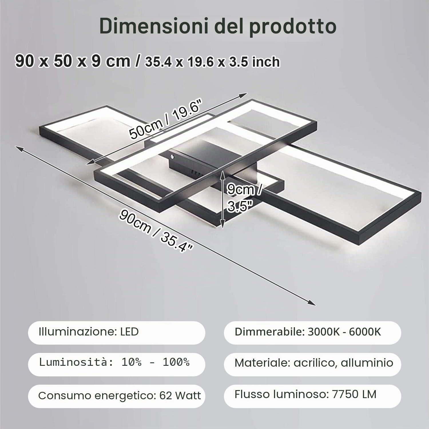 Plafoniera LED Soffitto, Dimmerabile 3000K-6000K lampadario camera da letto moderni con Telecomando, Applica A Decorativa Soggiorno Camera Da Letto Corridoio Cucina E Ufficio (nero, 90cm)