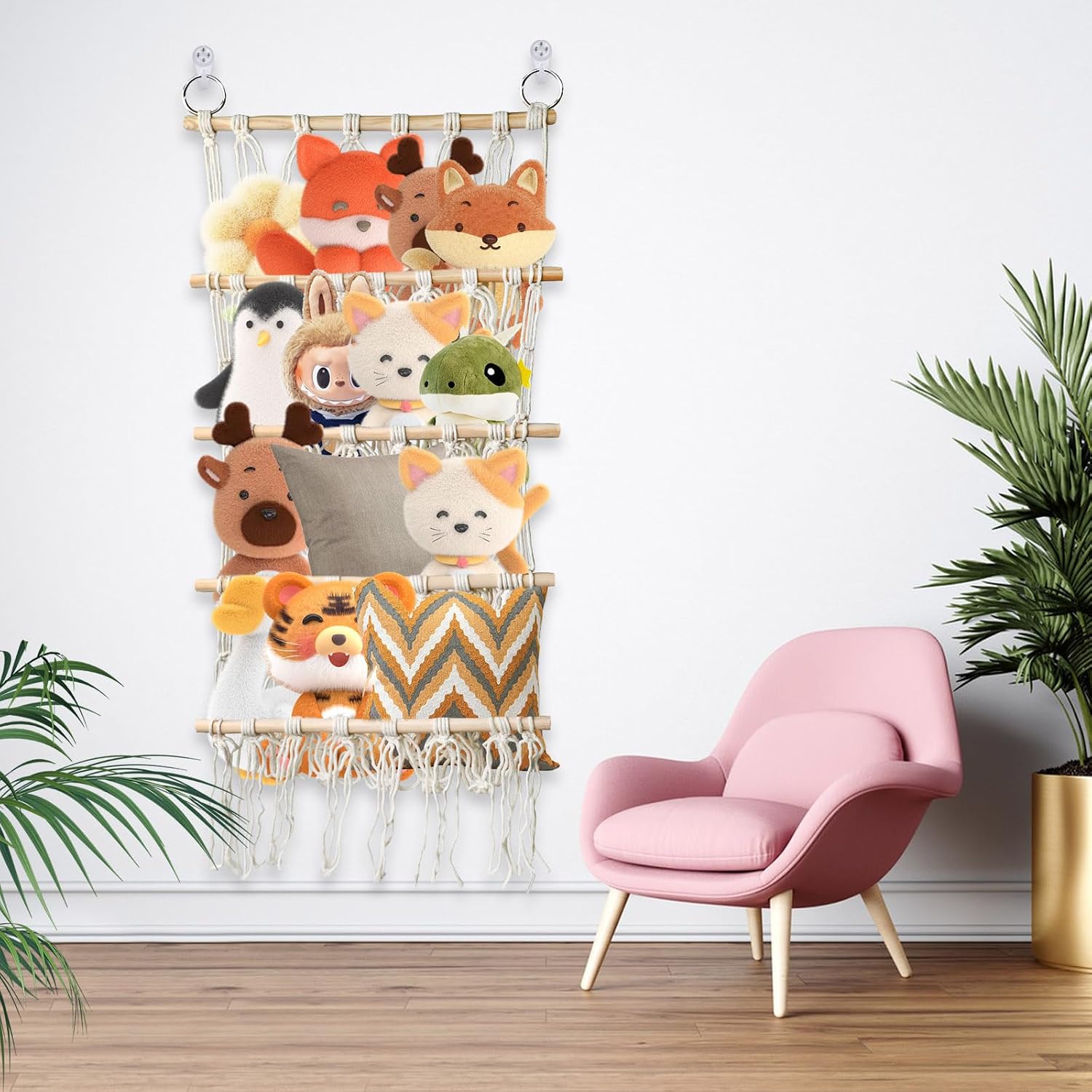 Stuffed Animal Net, Toy Net Hammock for Stuffed Animals with 4 Layers, Plush Hammock Stuffed Animal Hammock Corner, Boho Macrame Wall Hanging Stuffed Animal Storage (Beige)
