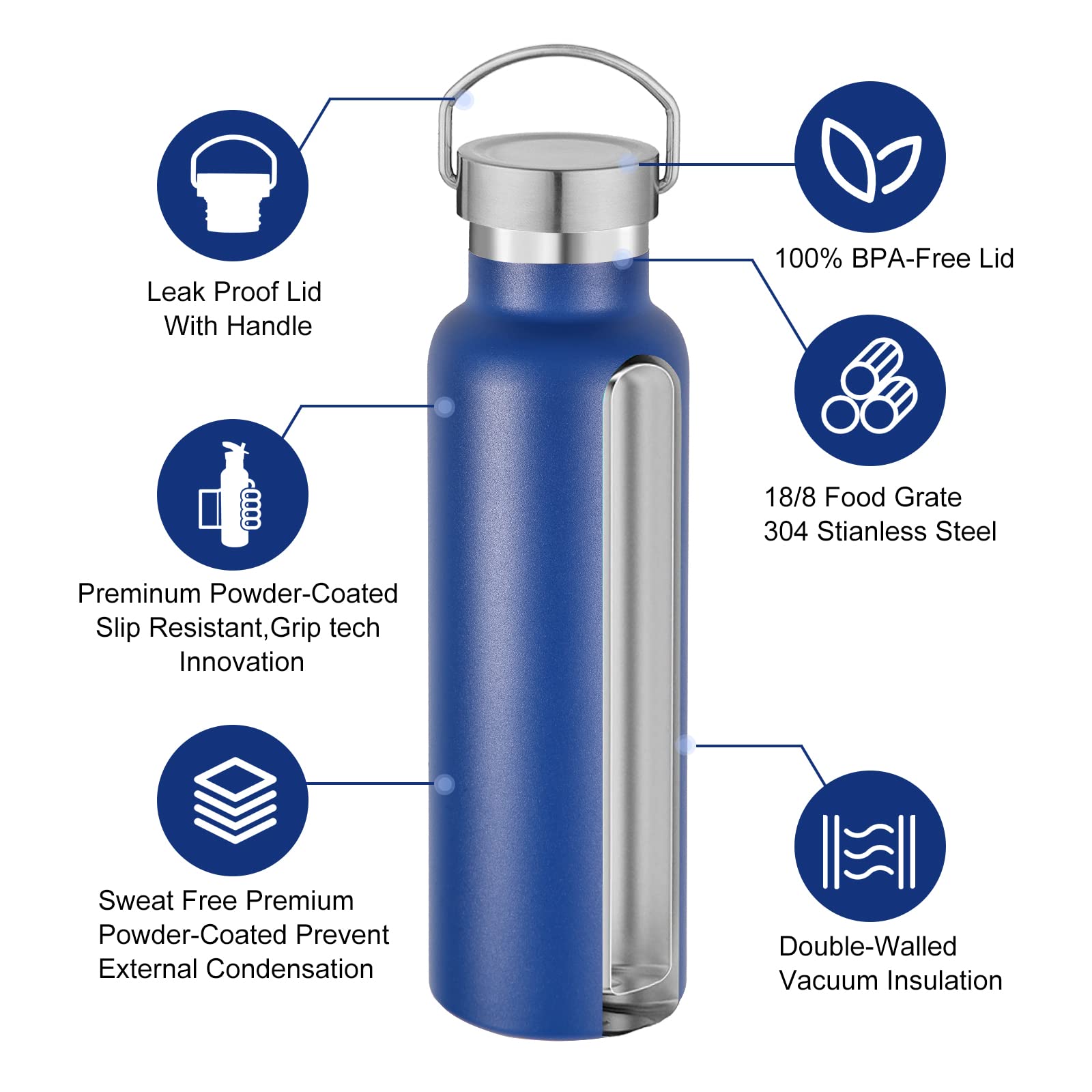 Volhoply Navy Stainless Steel Water Bottles,600 ML Vacuum Insulated Double Wall Travel Bottle with Leak Proof Lid of Handle,Metal Reusable Standard Mouth Flask for School,Hikers,Gift - Image 3