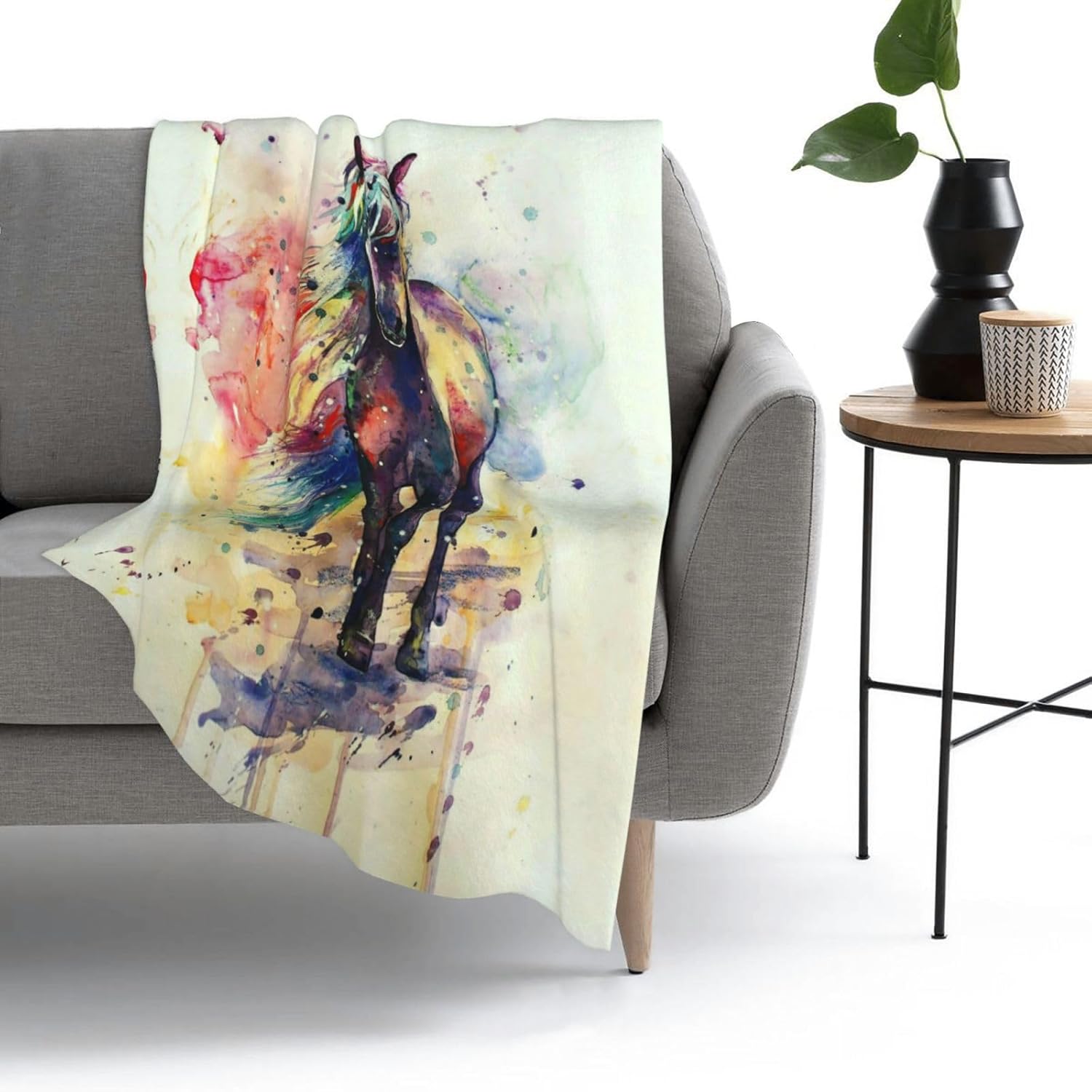 Watercolor Horse Fleece Throw Blanket Super Soft Flannel Cozy Washable Lightweight Fuzzy Blanket for Couch Sofa Bed Office Travel Camping Throw Size Warm Plush Blankets for All Season (50"x40")