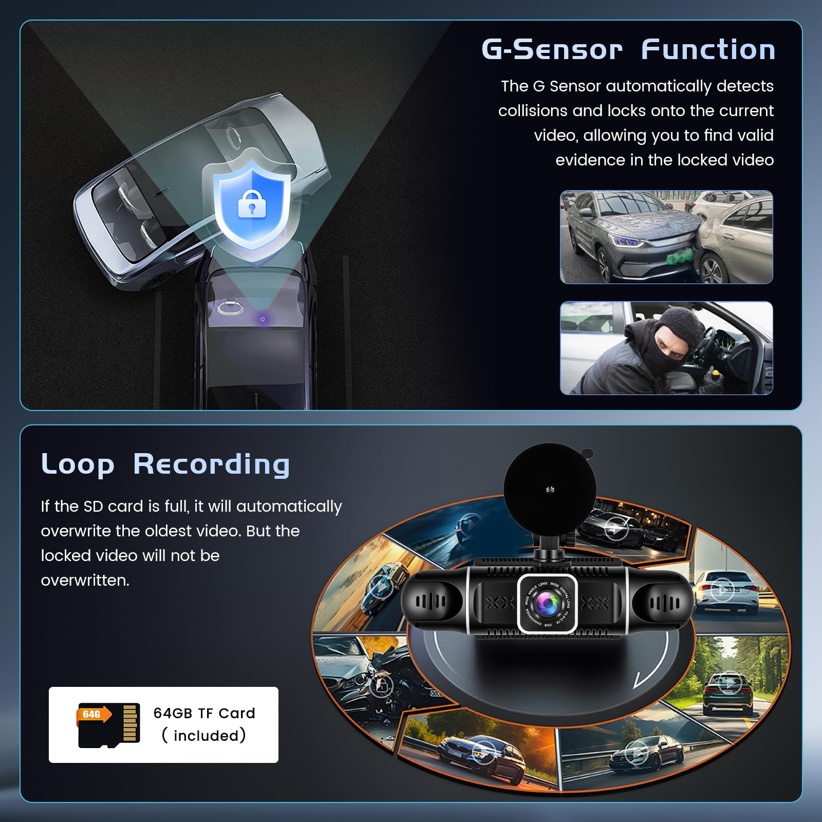 Hikity 4 Canales Dash CAM, WiFi Dash CAM 2K Delantero y 1080P Trasero Interior Izquierdo Derecho, Cámara de Coche con 64GB, G-Sensor, Grabación en Bucle, Visión Nocturna,24h-Monitor de Aparcamiento