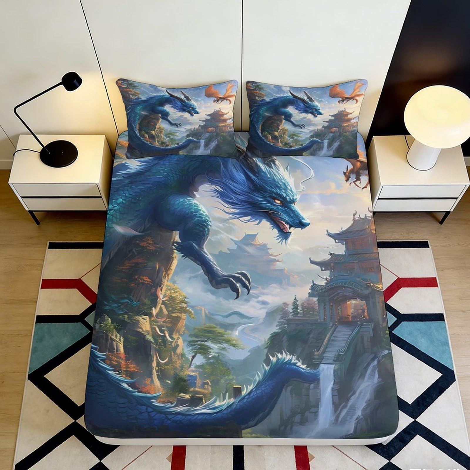 3D Printed Blue Dragon Fitted Sheet Microfiber Soft Breathable Asian Temple Bed Cover for Bedroom Dormitory Guest Room Mattress Protection Decor 200x200x25cm