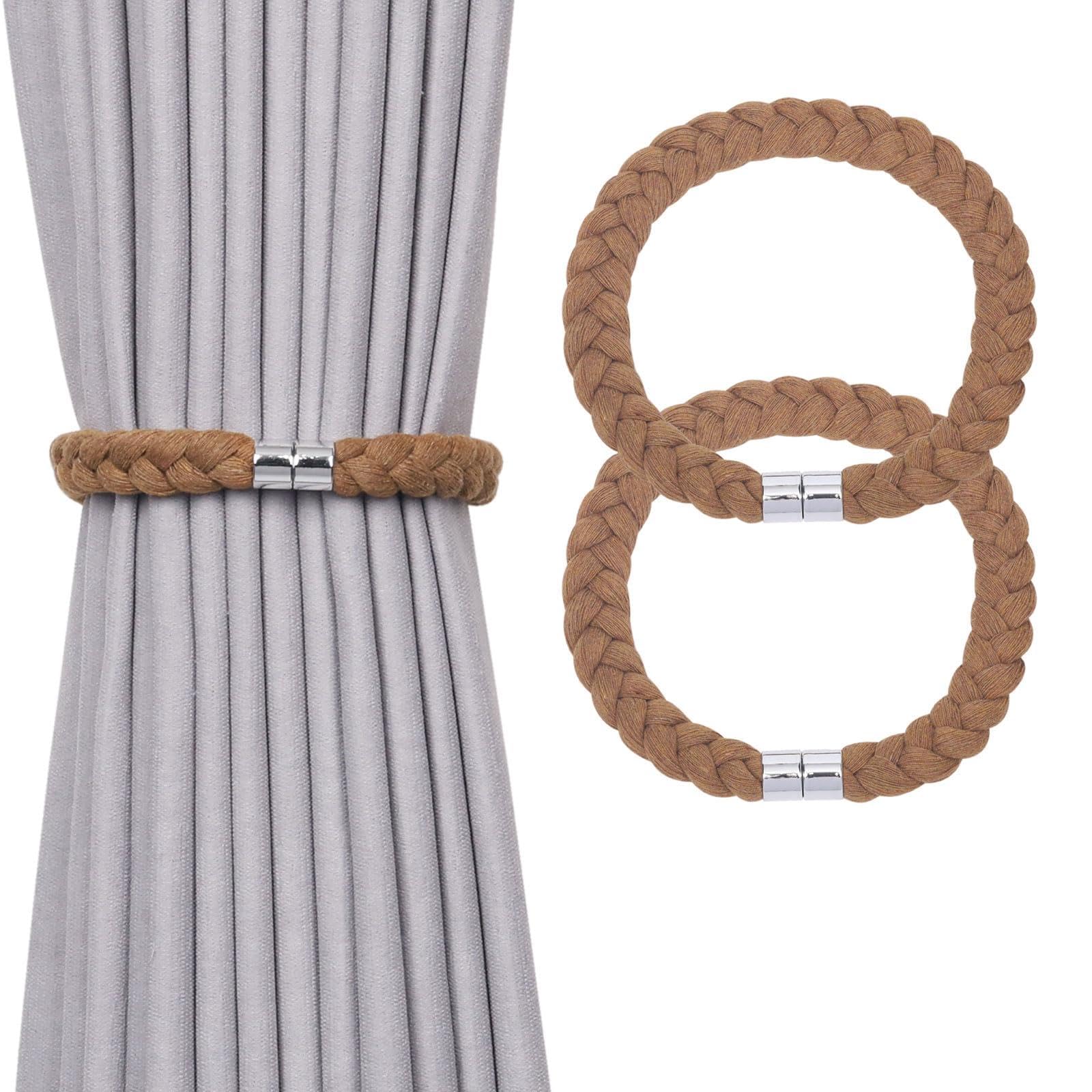 Pretty Jolly 2 Pack Natural Cotton Rope Magnetic Curtain Tiebacks Elegant Twisted Braid Style Drape Tie Backs Soft Hand-Woven Rope Curtain Holdbacks for Home & Office Window Draperies (Khaki-01)