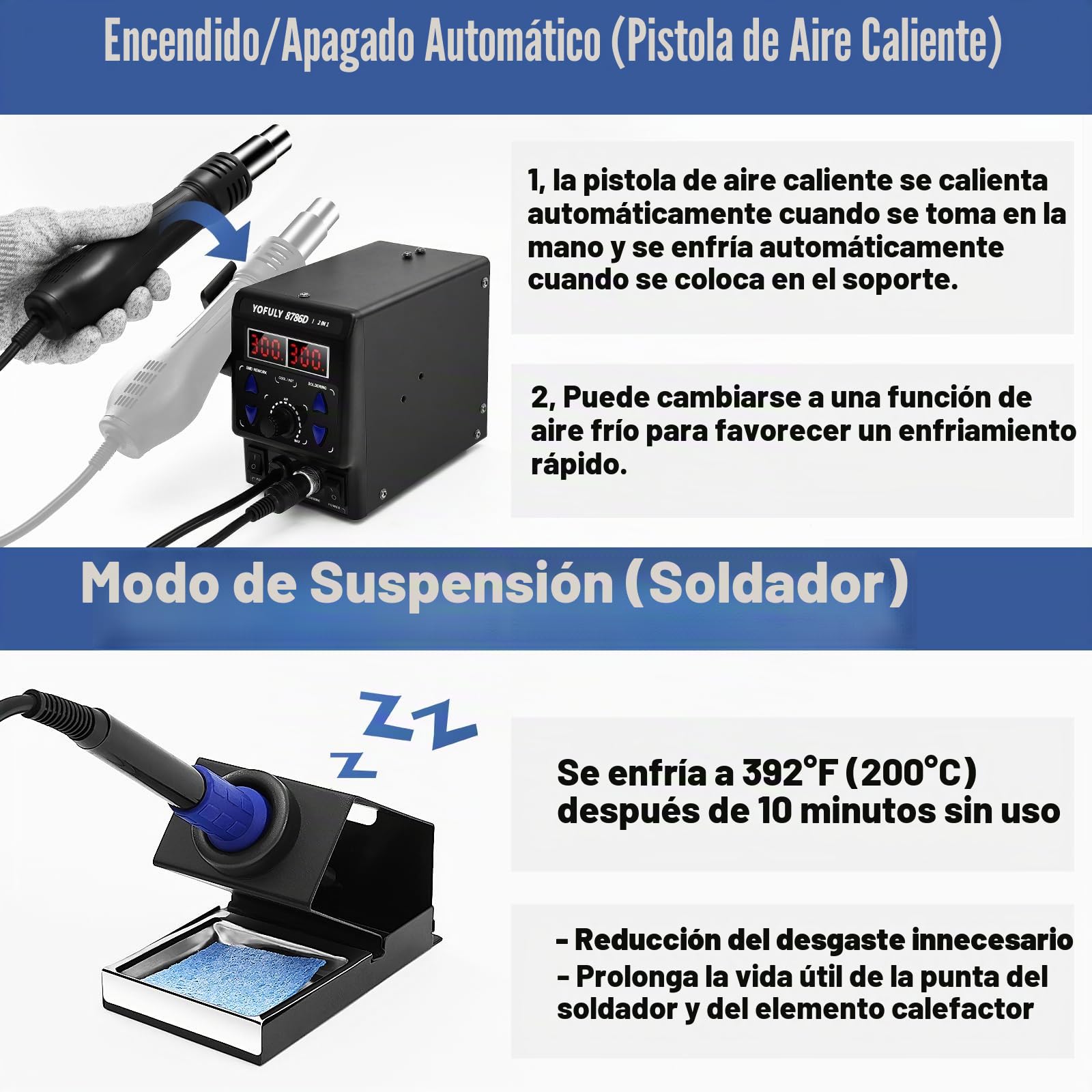 Yofuly 750W Estación de Soldadura, 2 EN 1 Soldadura y Retrabajo de Aire Caliente SMD 8786D Soldering Station Soldador de Estaño Profesional Ajustable 392°F-896°F (EU)