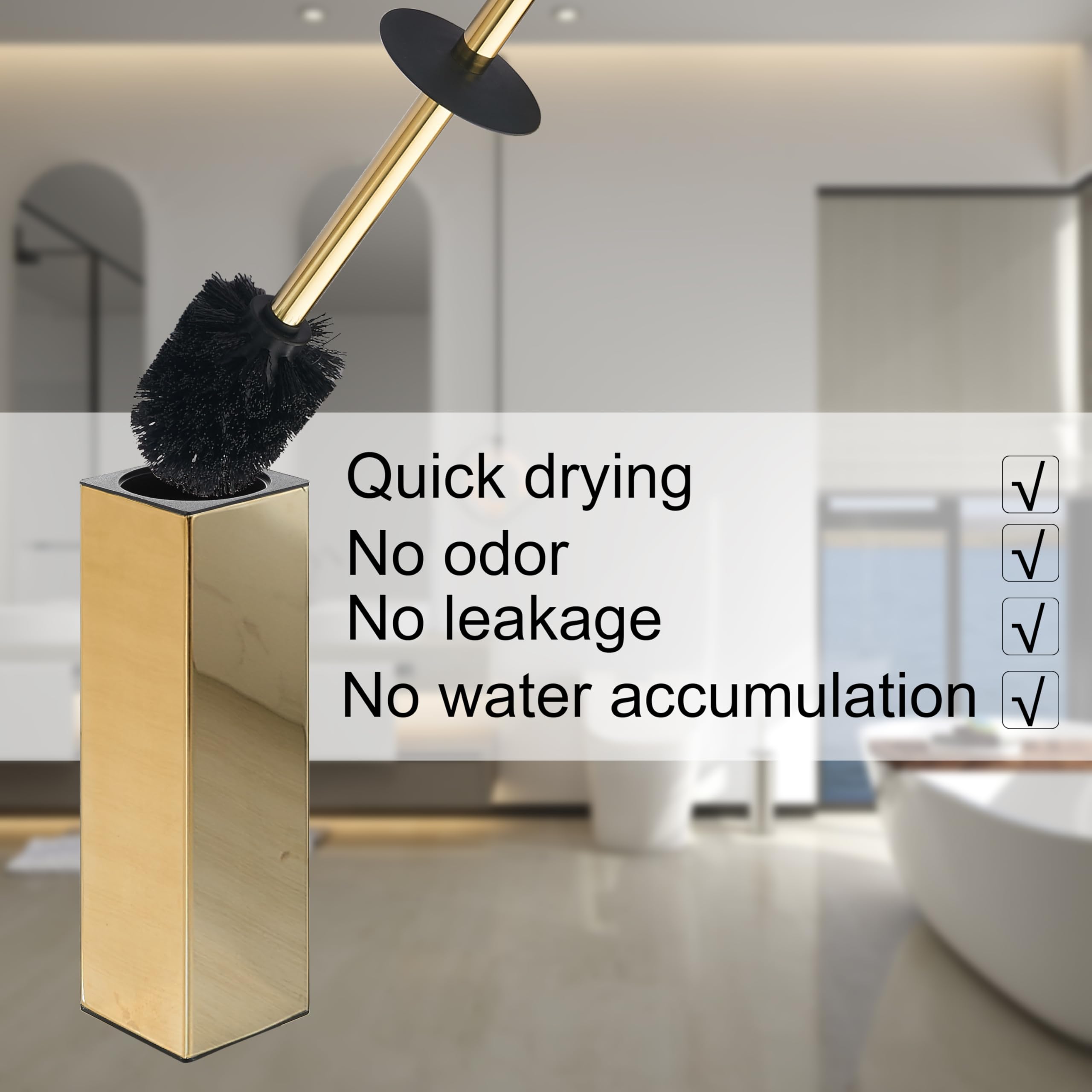 BGL Escobilla de inodoro cuadrada con soporte, cepillo de inodoro pintado de goma de acero inoxidable y soporte para baño, 2 cabezales de cepillo limpiador, dorado
