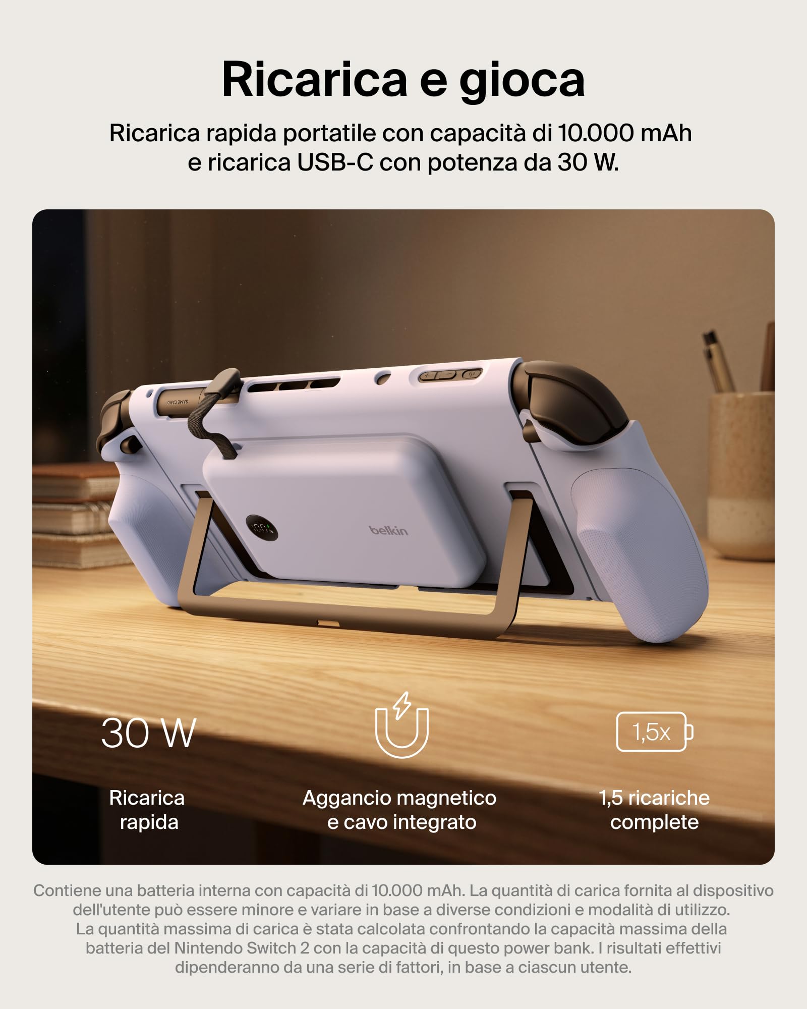 Belkin Gaming Impugnatura Ricarica Nintendo Switch 2, Power bank 10K, Viola | Caricatore Portatile 10000mAh, 30W, Caricatore Magnetico, Compatibilità Supporto, Maniglia Antiscivolo Ergonomica, Display