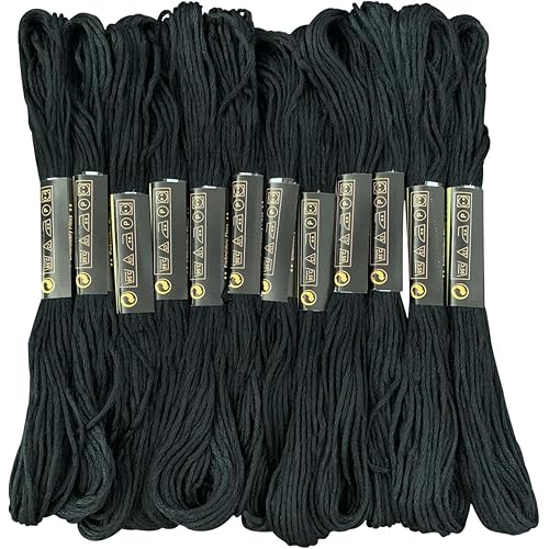 12 Skeins Embroidery Floss Black Color, Friendship Bracelet String Cross Stitch Embroidery Thread Floss Bracelet Making Yarn, Craft Floss（Black）