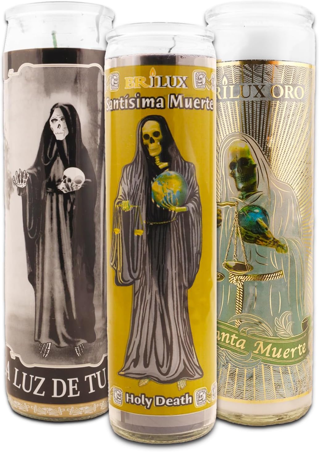 Santa Muerte Dia del Los Muertos 8" Black & White Religious Candle Bundle