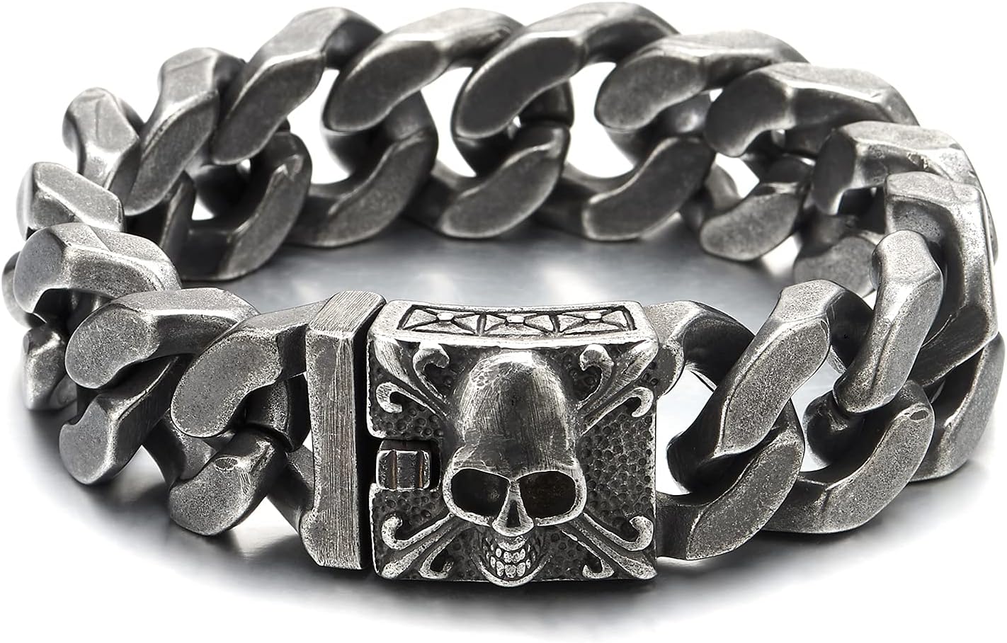 COOLSTEELANDBEYOND Mens Large Vintage Brushed Finishing Steel Curb Chain Bracelet with Fleur De Lis and Skull