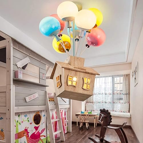 Miniatura 3 de NERDOH Lámpara de techo LED para niños, lámpara de techo creativa de dibujos animados con globos, diseño de casa de madera, lámpara de techo para