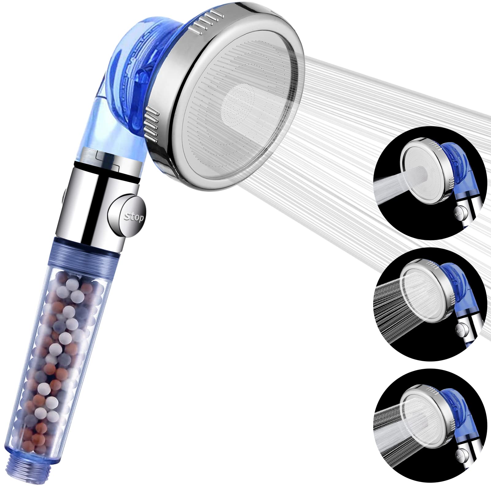 SHINETAO Filtered Shower Head for Softening Hard Water, Handheld High Pressure Showerhead with Stop Button, 3-Mode Ionic Shower Sprayer with 59’’ Stainless Steel Hose for Dry Hair & Skin SPA, Blue
