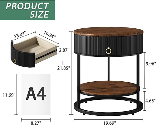 Miniatura 2 de OIOG - Mesa auxiliar redonda con cajón, mesa auxiliar moderna de madera con estante, mesa de noche de 2 niveles con cajón para sala de estar,