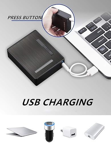 Miniatura 5 de Estuche de cigarrillos de expulsión automática de 20 piezas con encendedor de arco eléctrico recargable, resistente al viento, sin llama, soporte