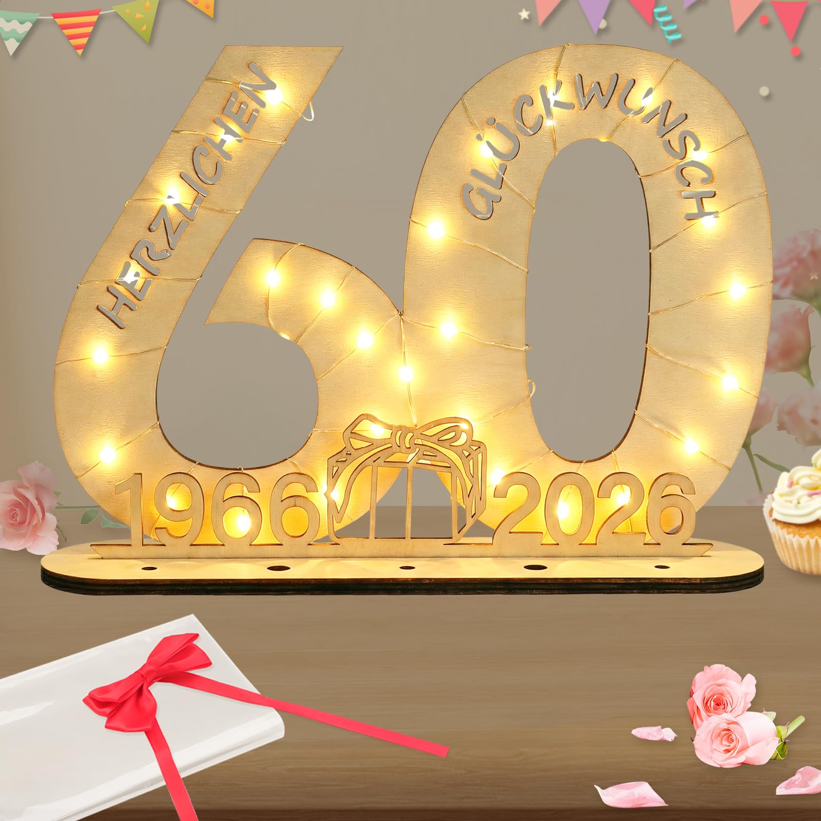 Seutgjie Originelle Geschenk 60 Geburtstag Mann Frau 1966-2026, 60. Geburtstag Jubiläum Deko Tischdeko Holz Schild Gästebuch, Geldgeschenke Geburtstag 60 mit LED Lichterkette Geschenkpapier