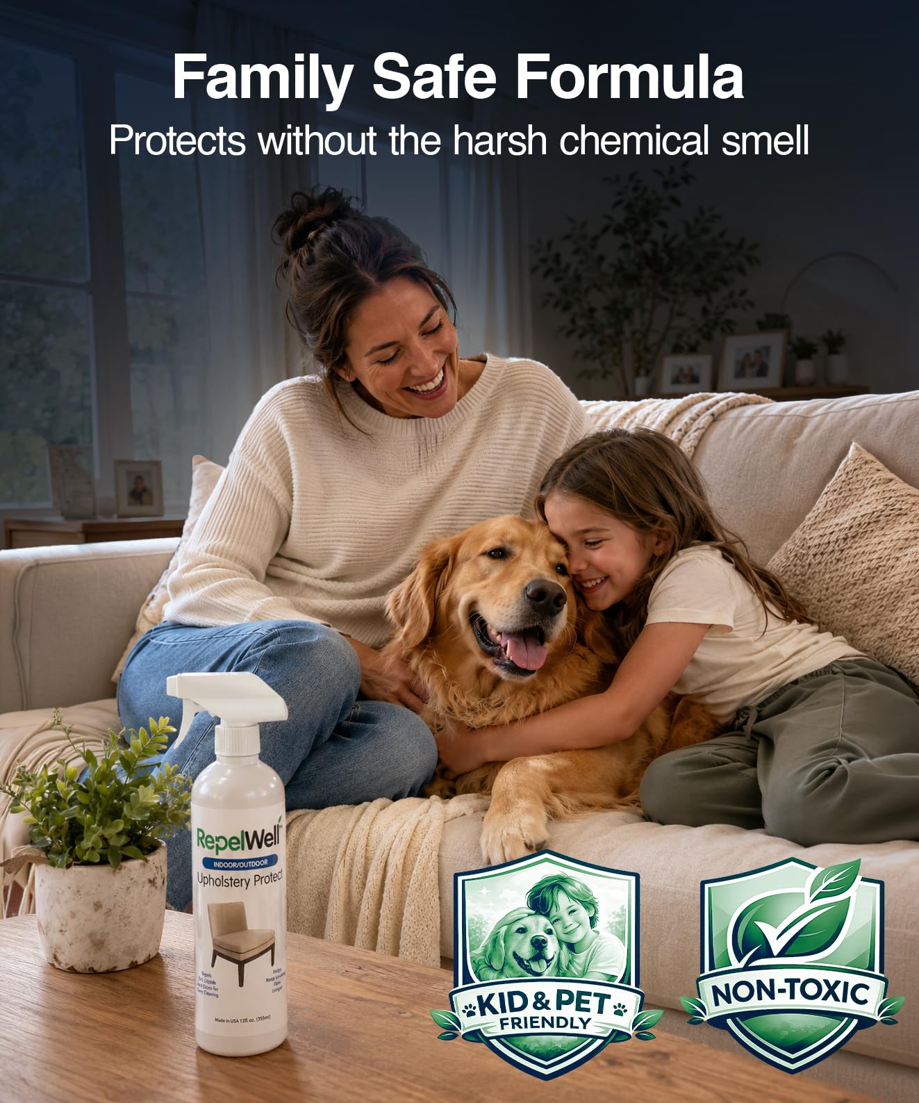 RepelWell Upholstery Protect - Spray Repelente al Agua y Manchas (12 onzas), Respetuoso con el Medio Ambiente, Apto para Mascotas, Mantiene tu tapicería de Tela, Cuero y Gamuza como Nueva