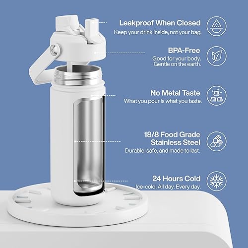 Miniatura 838 de ENCOOL Botella de agua aislada con popote, de acero inoxidable, a prueba de fugas, sin BPA, al vacío de doble pared que se mantiene fría durante 24