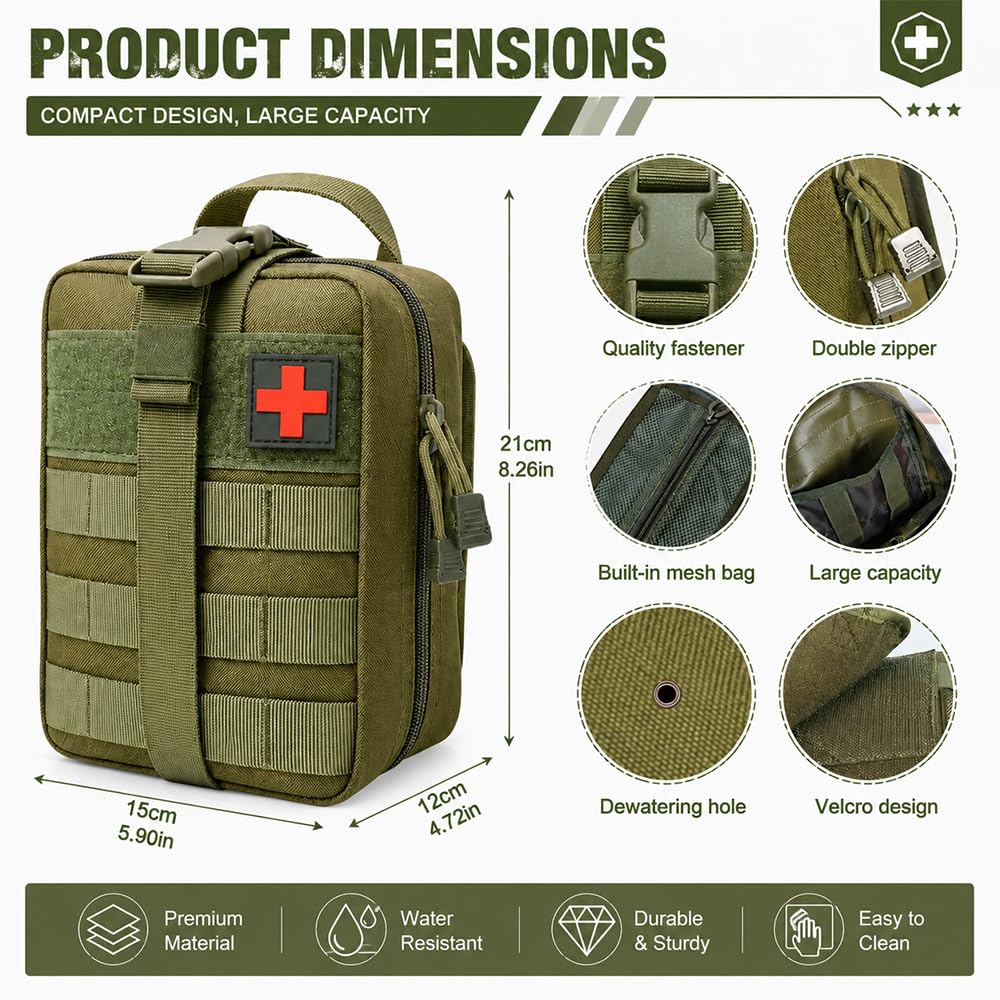 Kit Pronto Soccorso Militare, 61 Pezzi Kit di Primo Soccorso per Esterni per Campeggio, Escursioni, Casa Borsa di Pronto Soccorso Trauma First Aid Kit per Campeggio, Escursionismo e Uso Domestico