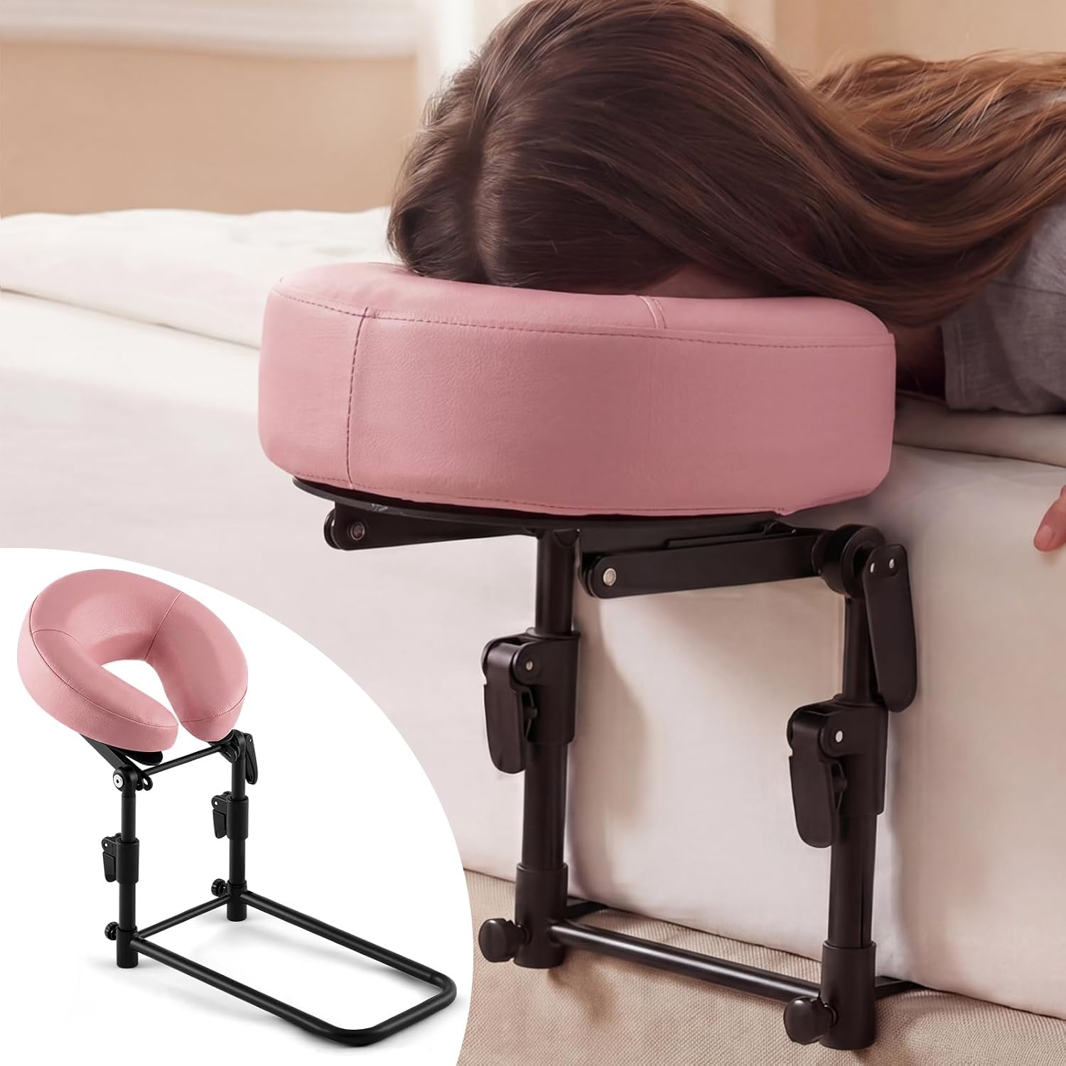 Qunclay Adjustable Massage Headrest for Bed, Portable Mattress Massage Face Cradle with Soft Pillow Cushion, Face Down Pillow After Eye Surgery for Professional and Home Use(Apricot)