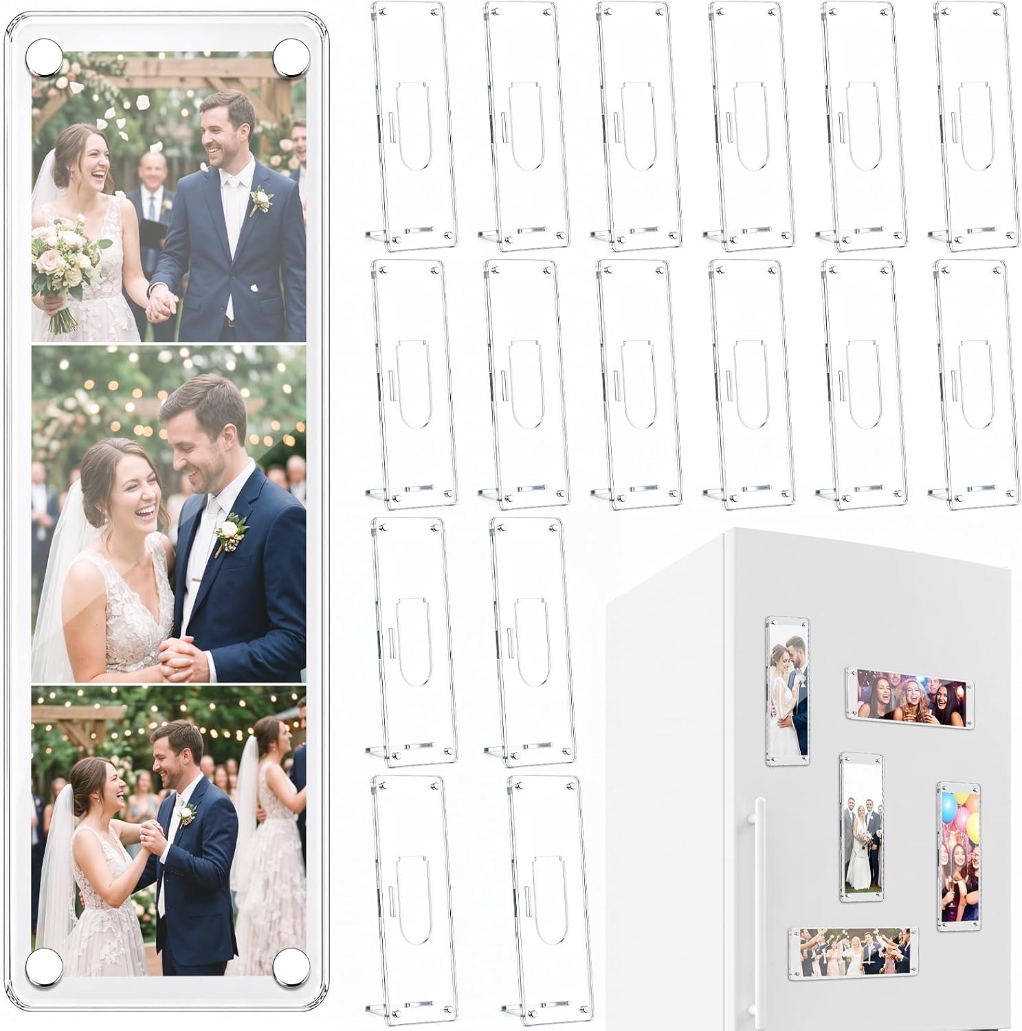 30 Pack 2x6 Inch Photo Booth Frames, Clear Acrylic Magnetic Wedding Picture Frames with Stand, Double-sided Display for Wedding Party Favors, Photo Strips, Refrigerator Magnet & Desktop Display