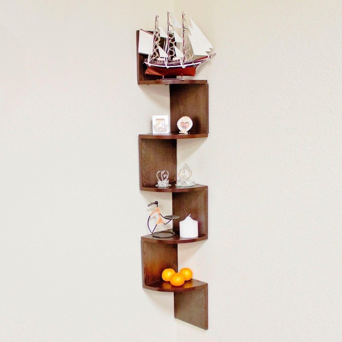 Large Zig Zag 5 Level Corner Wall Mount Shelf in Walnut Finish Creative Gift