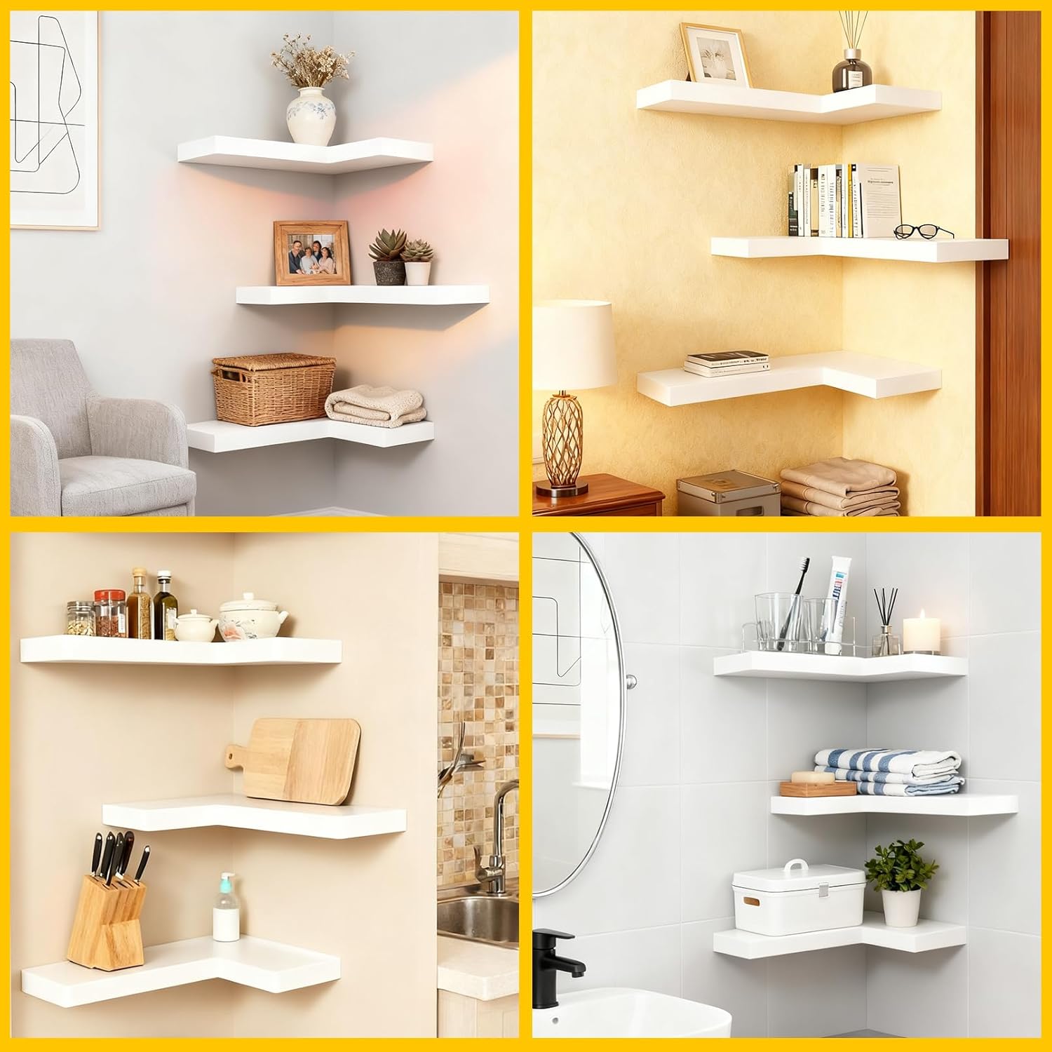 Corner Floating Shelves Set of 3, Wall Mounted Corner Shelves, Display Shelf for Small Plant, L Shaped Solid Wood Storage Shelf for Bedroom Kitchen Bathroom Living Room, White