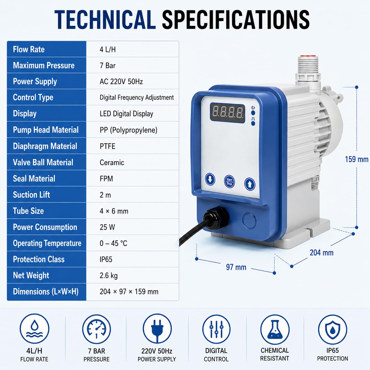Bomba dosificadora electrónica de cloro ácido ajustable 4L/H 7bar para piscina