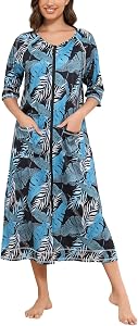 Rubehoow Robe Women's Zipper Front House Coat Half Sleeve Bathrobe Full Length Soft Cotton Duster Coat with Pockets
