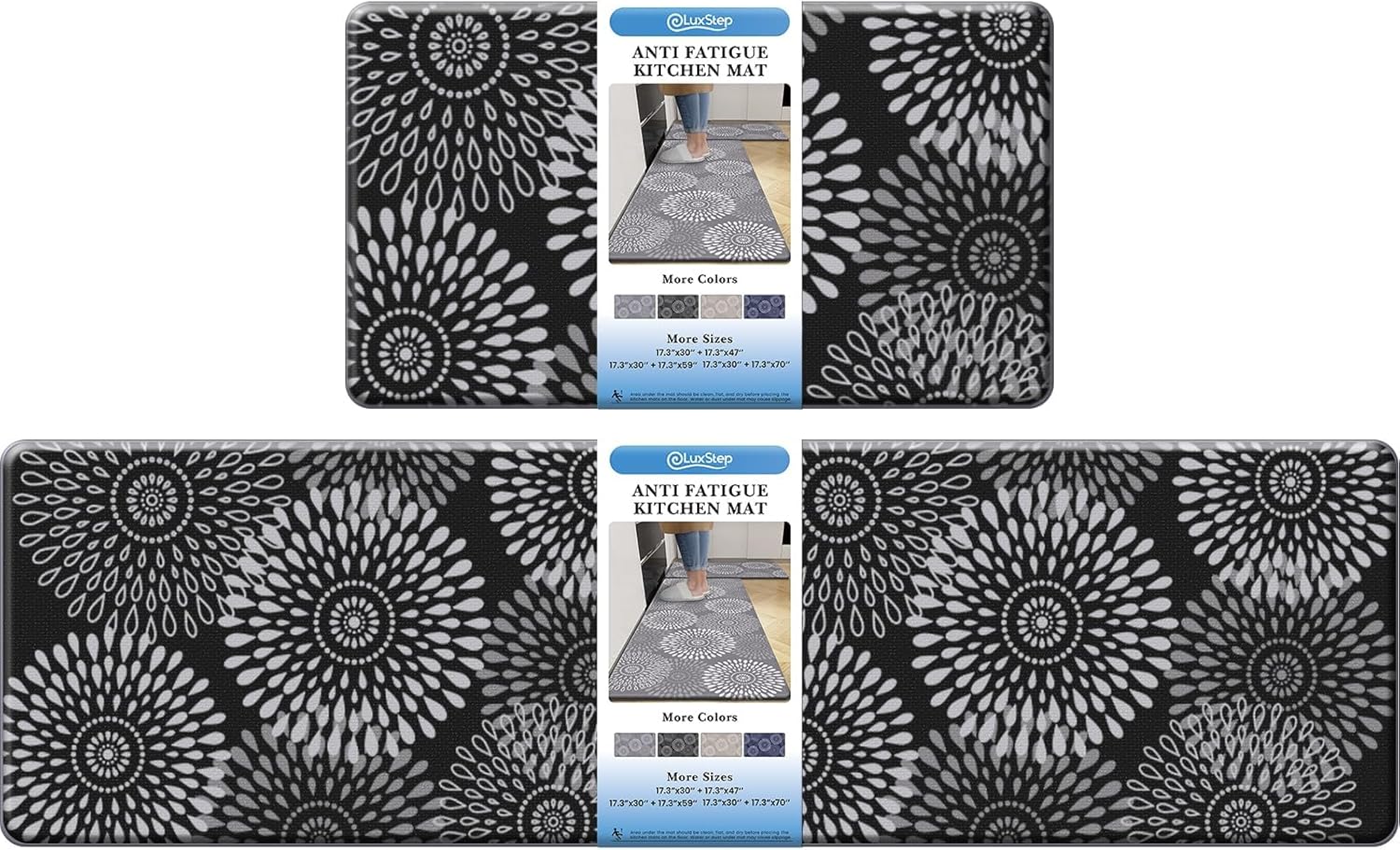 LuxStep Kitchen Mat Cushioned Rugs Anti-Fatigue Mats for Kitchen Floor,Waterproof Non-Slip Mats and Rugs Set for Office,Floor,Laundry 17.3"×30"+17.3"×59",Black