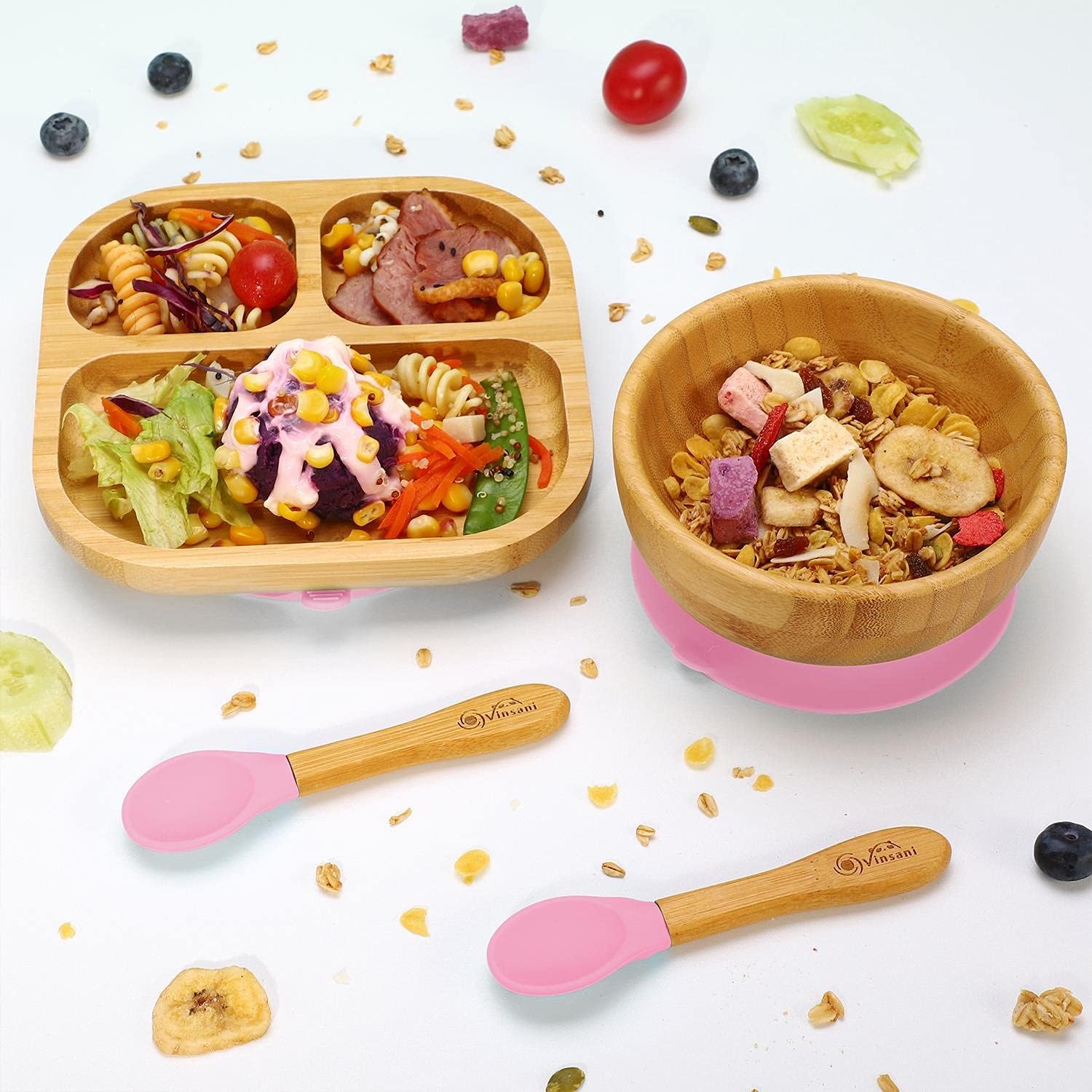 Vinsani Bamboo Bowl, Square Plate and Spoon Set for Baby/Toddler, Suction Plate, Stay-Put Design, Hypoallergenic and BPA-Free (Pink)
