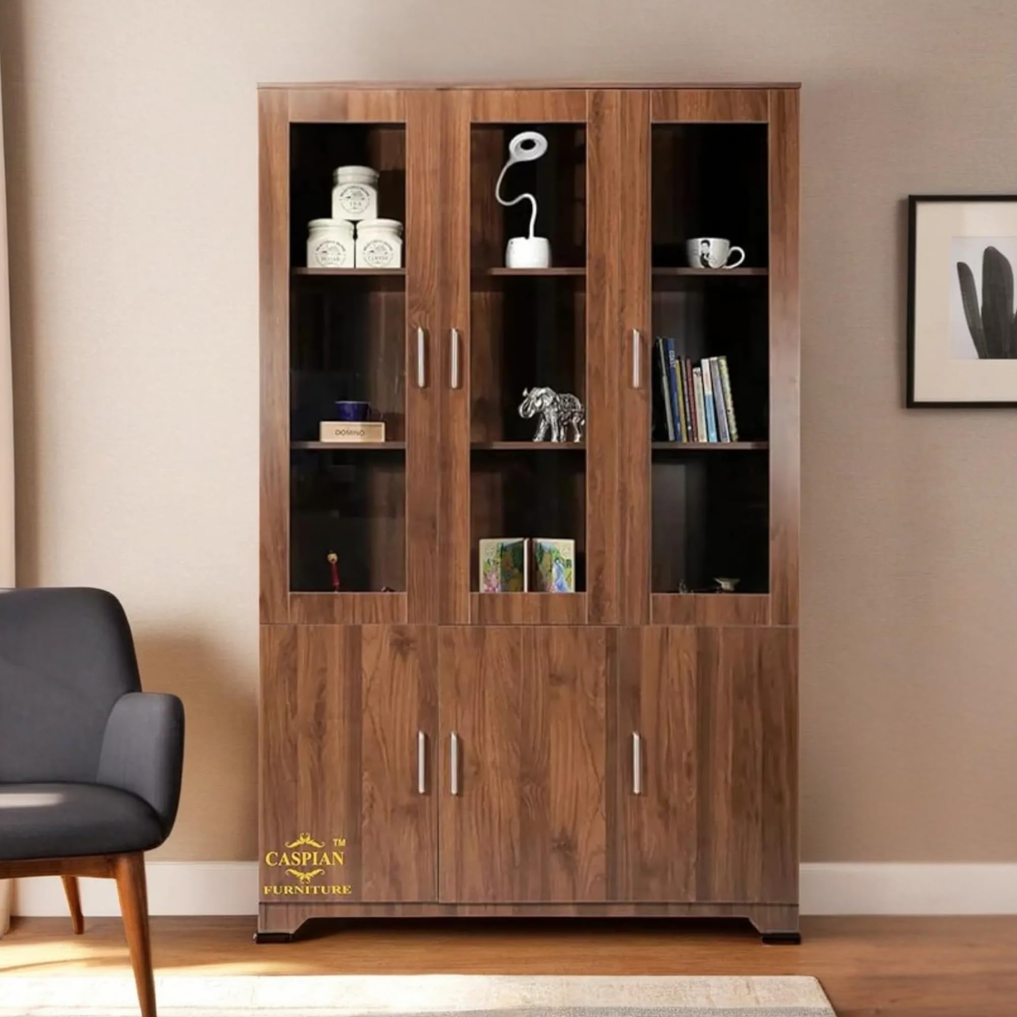 CASPIAN Engineered Wood Triple Door Wooden Multipurpose Cabinet (Brown)| Glass Door Showcase| Use as Kids cupboards, Bookshelf & Kitchen Crockery Unit| for Bedroom, Living & Study Room, Home & Office-image-16