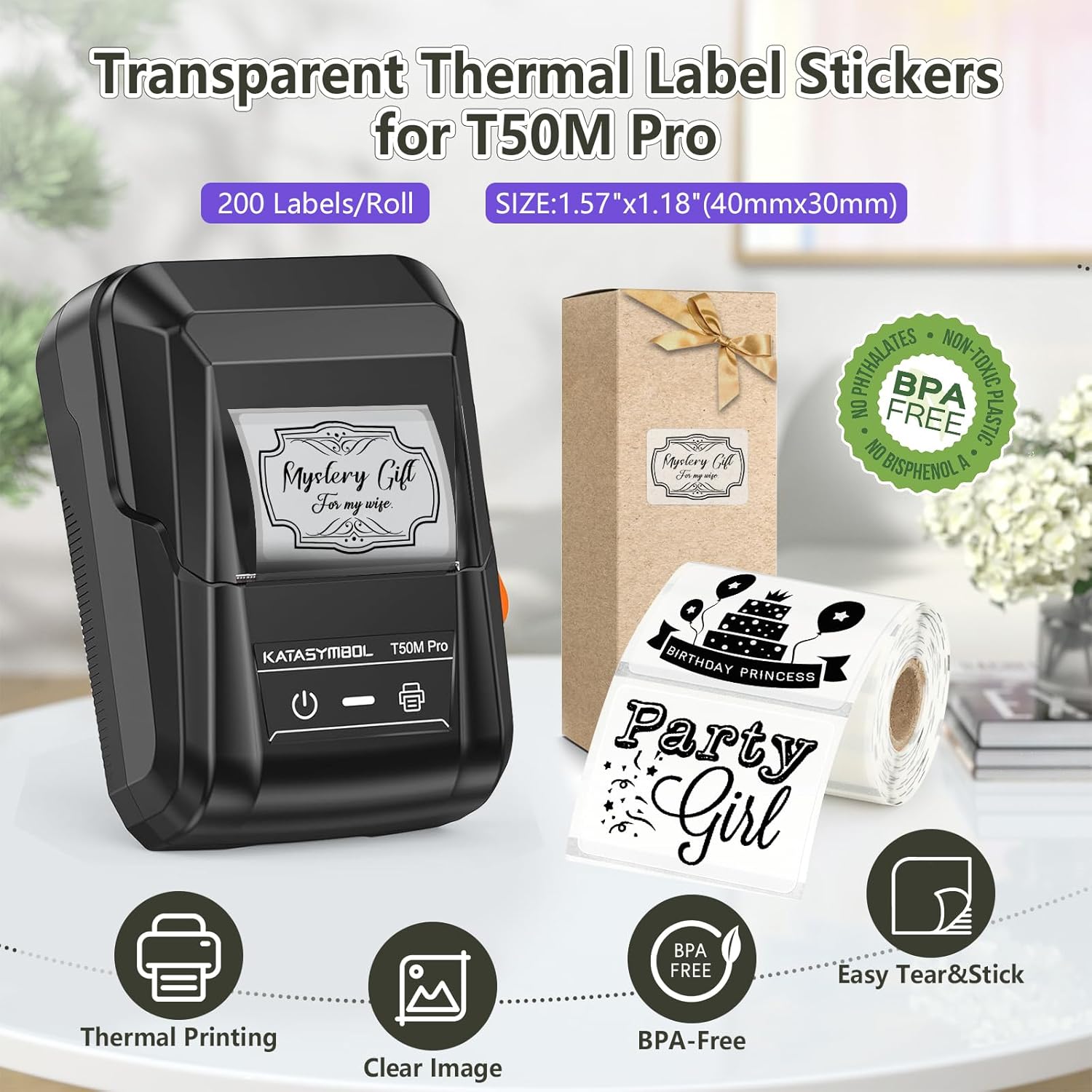 3 Rolls Transparent Square Thermal Labels,40x30mm Label Sticker for Phomemo M110/M220/241BT,for Ponek M100 Label Maker Printer,Waterproof Paper for Name,Logo,Barcode,Price,Design (200/Roll) - Image 2